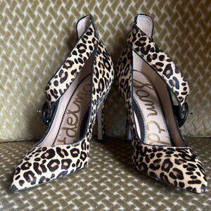 Sam Edelman Nude Leopard Print Cow Fur Hinda Jewel Buckle Strap Pumps NEW